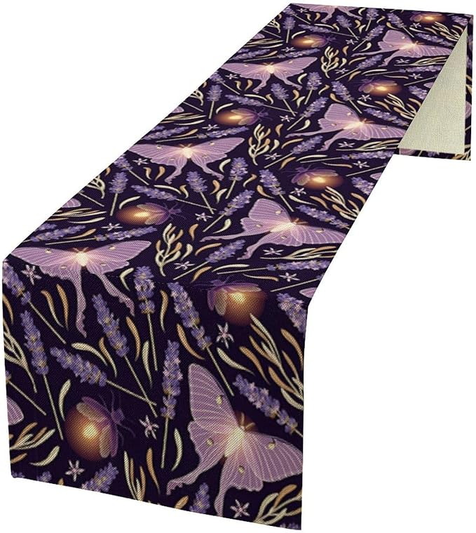 Purple Moth Table Runner,Retro Butterfly Flower Print Table Runner for Wedding Holiday Indoor Outdoor Party Home Decor 13x60in