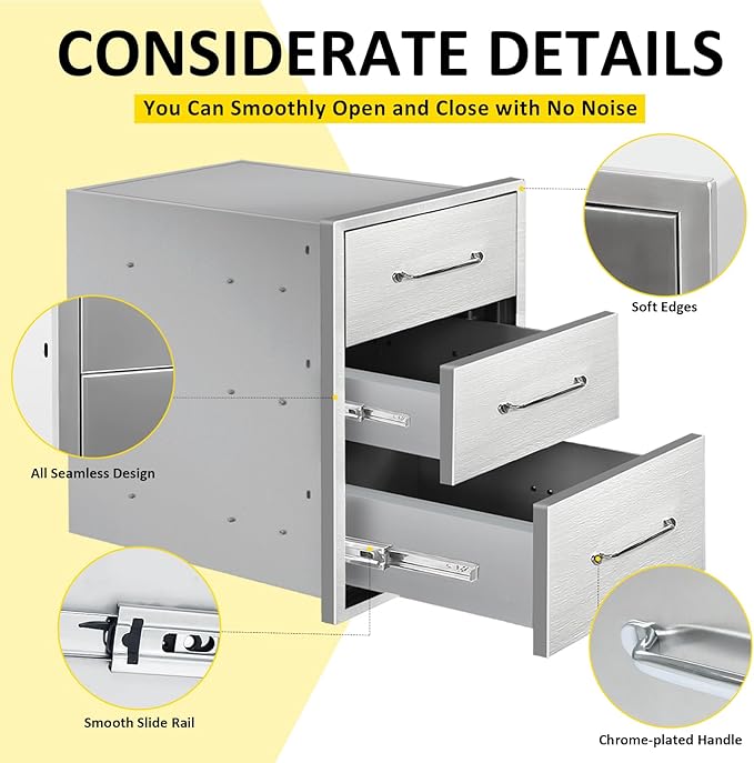 Outdoor Kitchen Drawers 16" W x 21" H x 23" D Flush Mount Triple BBQ Drawers with Chrome Handle Stainless Steel Drawer for Outdoor Kitchen Island, Patio Grill Station