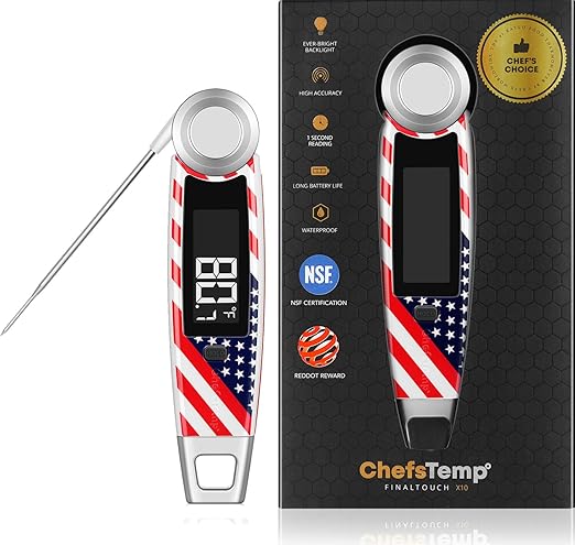 Finaltouch X10 Instant Read Digital Meat Thermometer NSF Certified Waterproof Professional for Cooking Grilling BBQ Baking Candy Oil with Rotating Probe and Backlit Display (Patriotic Limited Edition)