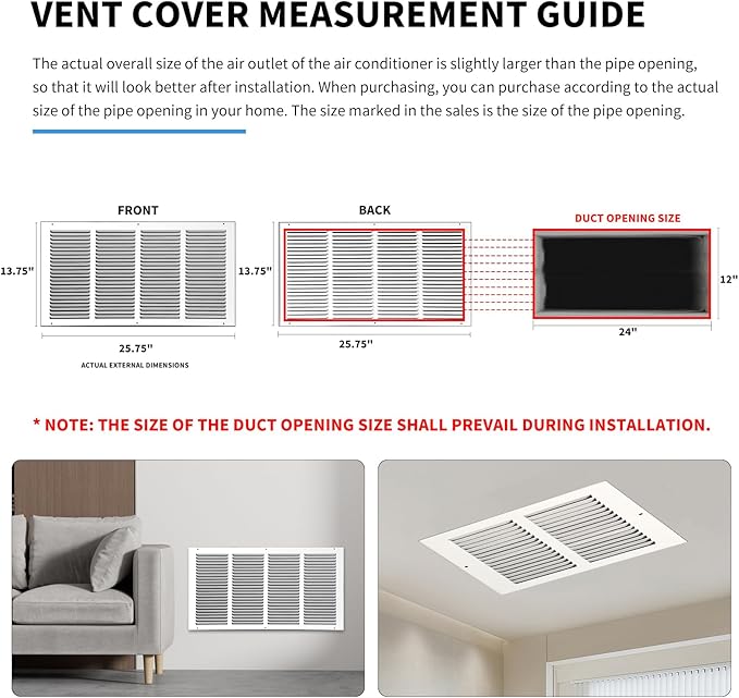 24x12 Return Air Grille(Duct Opening Size),Air Return Vent Cover,Flat Vent Cover,Rejillas De Aire Acondicionado para Casa,Return Air Grilles,Outer Dimensions:25.75"Wx13.75"H(24"Wx12"H, Duct Opening)