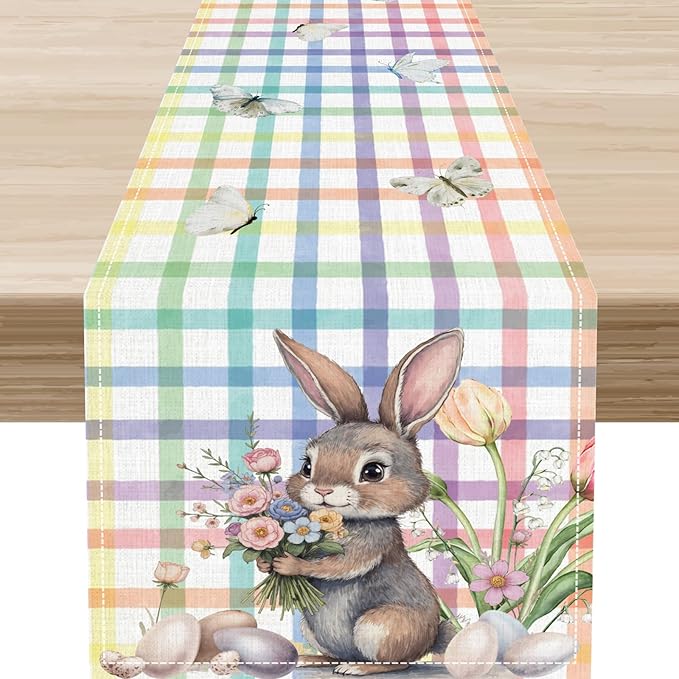 Happy Easter Table Runner,Rustic Watercolor Bunny Flowers Butterflies Eggs Seasonal Table Center Decor for Family Kitchen and Living Room Outdoor Farmhouse Party Table Decorations, 13"x90"