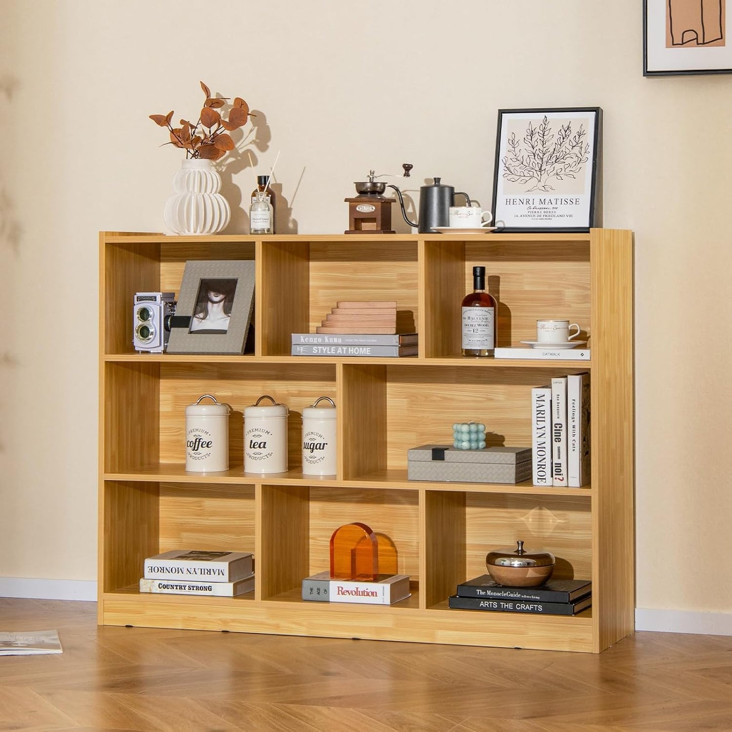 Giantex 8 Cube Bookcase, Freestanding 3-Tier Open Bookshelf, Modern Storage Display Cabinet, Wood Cube Storage Organizer for Living Room, Kid’s Room, Burlywood