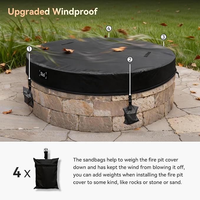Outdoor Fire Pit Cover,In Ground Firepit Covers Round with Sandbag,600D Heavy Duty Waterproof and Tear-Resistant,Windproof,Suitable for 52-57 Inch Round Built in Stone Firepits,Black
