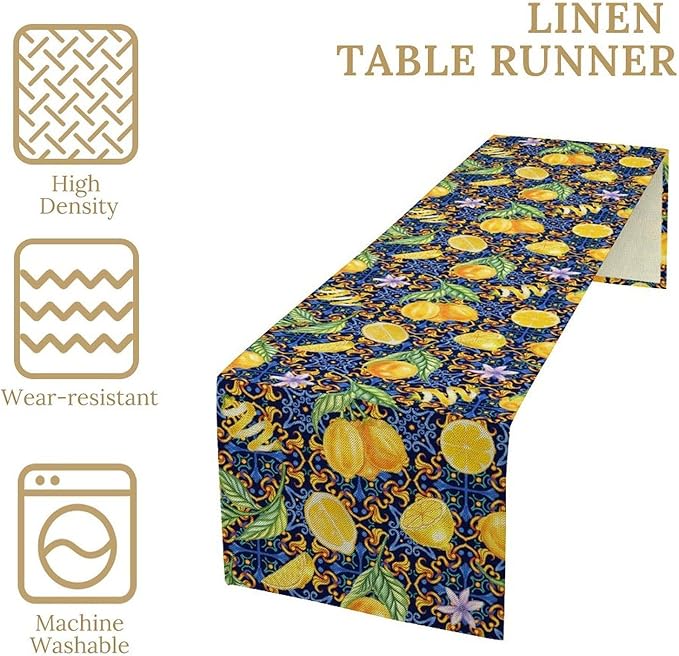 Yellow Lemon Table Runner Vintage Retro Summer Fruit Blue White Floral Printed Dining Table Decoration for Home Holiday Party Dresser Kitchen Cabin Restaurant Wedding Decor 13×60in