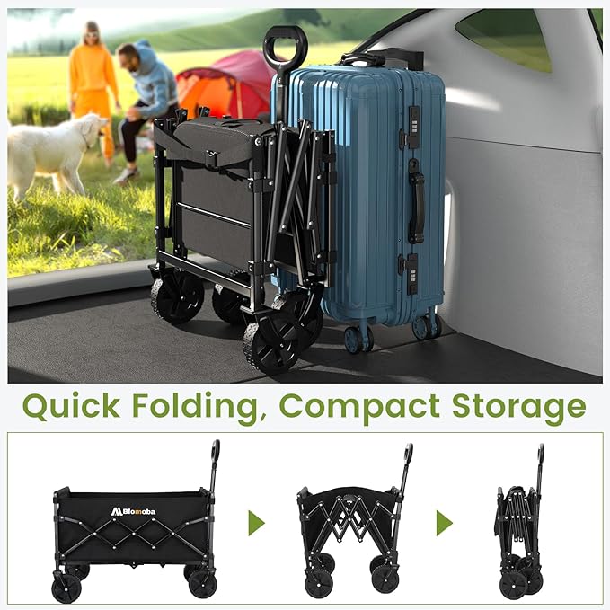 220LBS Foldable Wagon with All-Terrain Wheels, Portable Wagon Cart with Extended Tailgate, Adjustable Handle, Utility Cart for Camping, Shopping, Garden, Sports, Grocery, Black