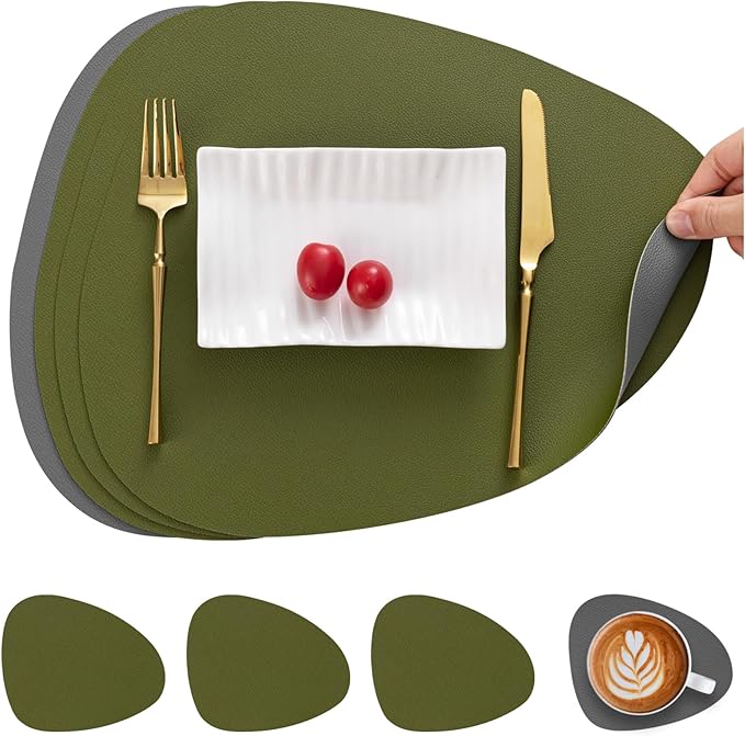 Myir JUN Placemats, Dual-Sided Placemats Waterproof Faux Leather Placemats Set of 4 Place Mats and Coasters Non-Slip Washable Table Mats for Dining Table (Gray Green, Set of 4)