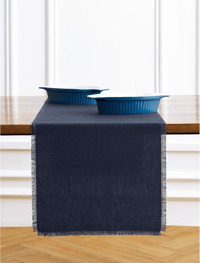 Solino Home Linen Navy Blue Table Runner 36 Inches - Fringe, 100% Pure Linen Small Table Runner 14 x 36 Inch Ideal for Dresser and Coffee Tables - Winter