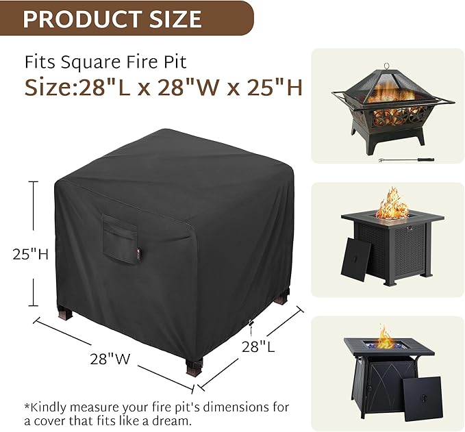iBirdie Square Fire Pit Cover 28 x 28 inch Outdoor Waterproof and Weatherproof Heavy Duty 600D Patio Fireplaces Table Coffee Table Cover