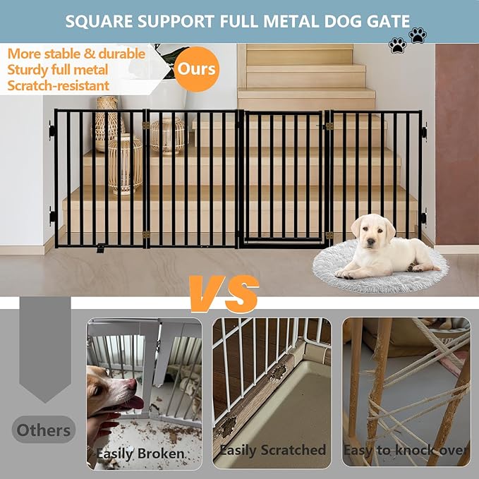 Full Metal Freestanding Dog Gates with Door, 32" Height Dog Fences for Indoor & Outdoor, Extra Wide Foldable Pet Gates for Stairs, Hallways, Doorways, Yard (4 Panels, 80" W × 36" H)