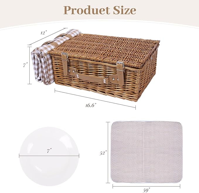Neti Neti Wicker Picnic Basket for 4 with Insulated Cooler & Waterproof Blanket – Large Willow Picnic Hamper for Outdoor, Camping, Beach, Romantic Dates, Valentine’s Day