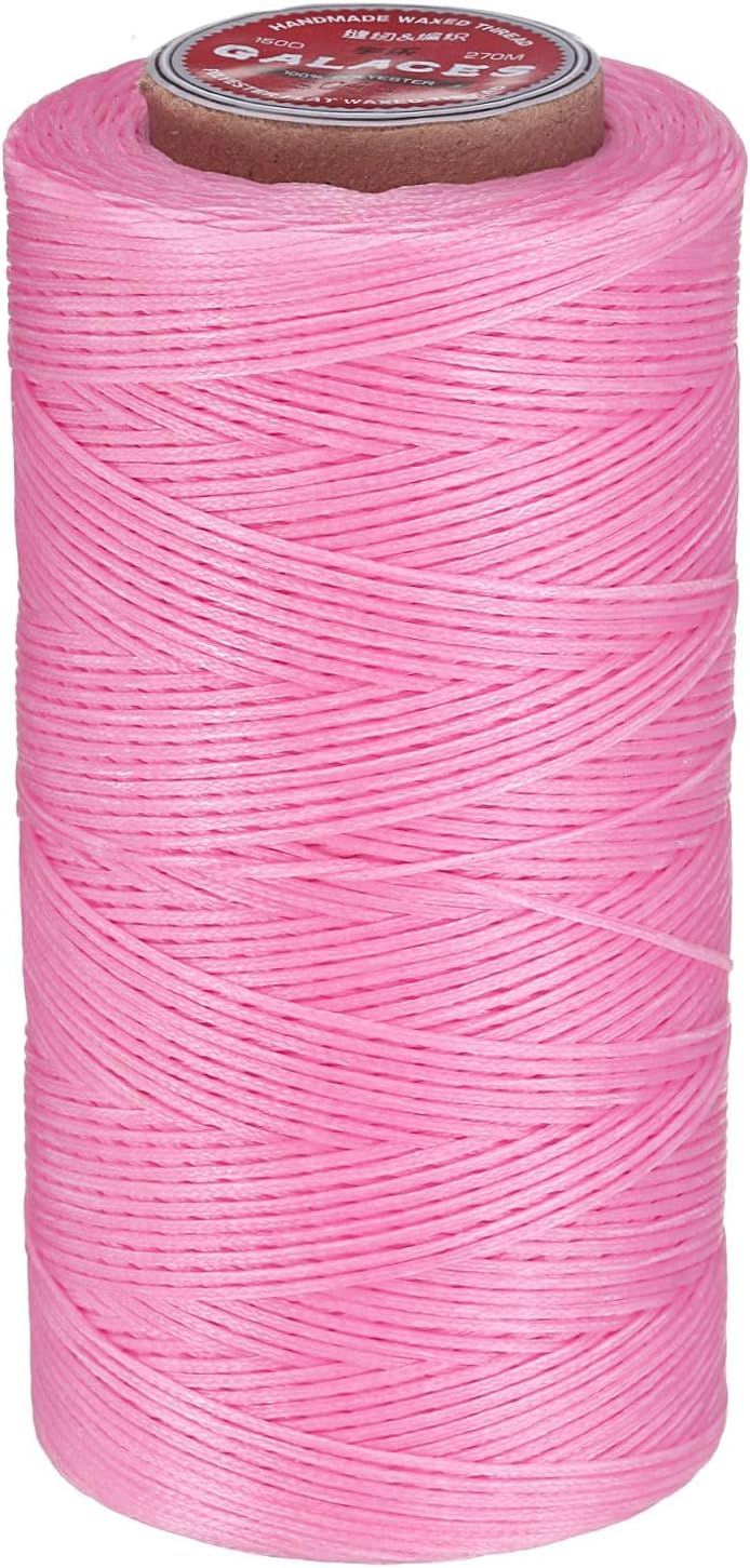 uxcell Flat Leather Sewing Waxed Thread, 270m / 295 Yards Polyester Wax String, 150D Wax Stitching Cord for Leather Crafts, Bookbinding, Bracelets Braided, Peach Pink