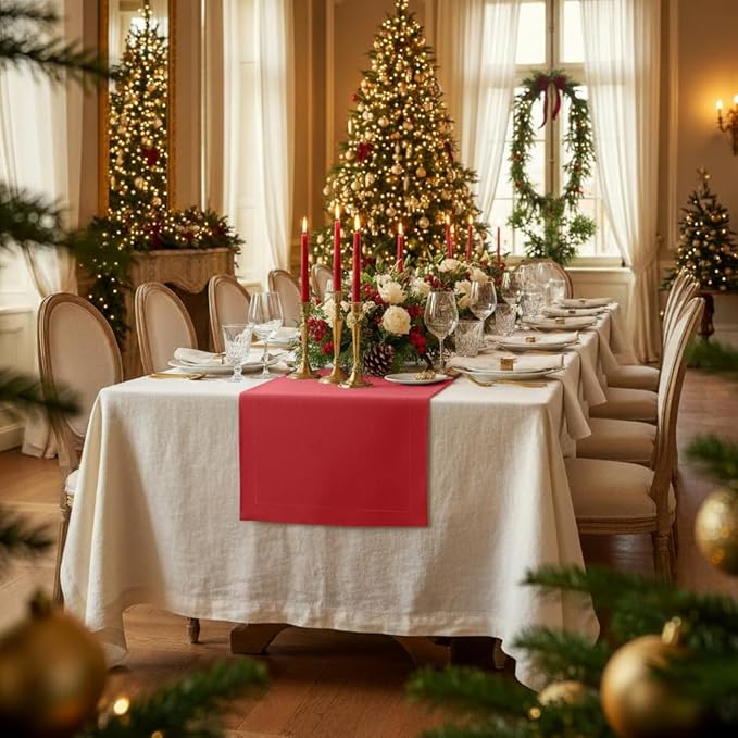 D'Moksha Homes Linen Bright Red Table Runner 84 Inches Long - 100% Pure Linen 14 x 84 Inch Table Runner for Dining, Valentines, Holiday - Machine Washable