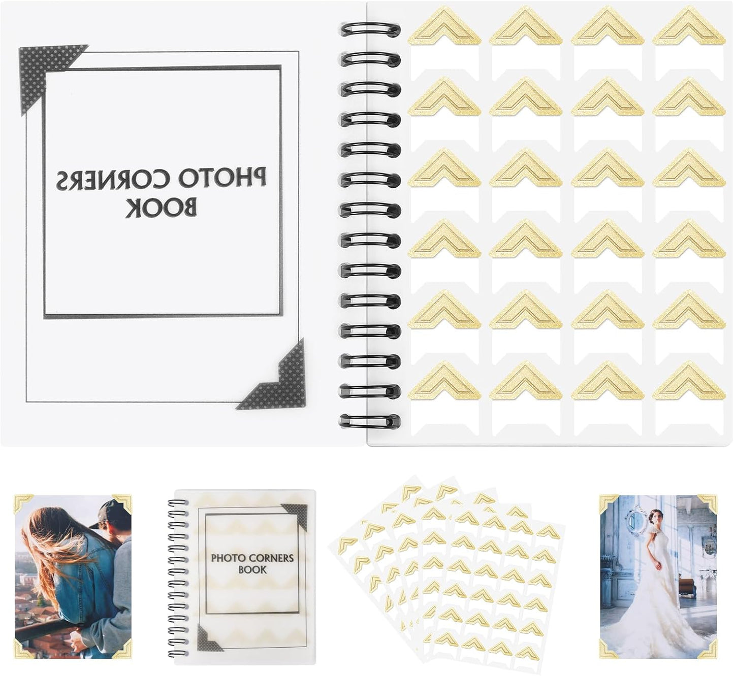 GOONAVI 10 Sheets 240 PCS Shiny Gold Acid-Free Photo Corners Notebook, Self-Adhesive Photo Corners for DIY Photo Album Journal, Photo Corner Stickers for Trip Journal Memory Book