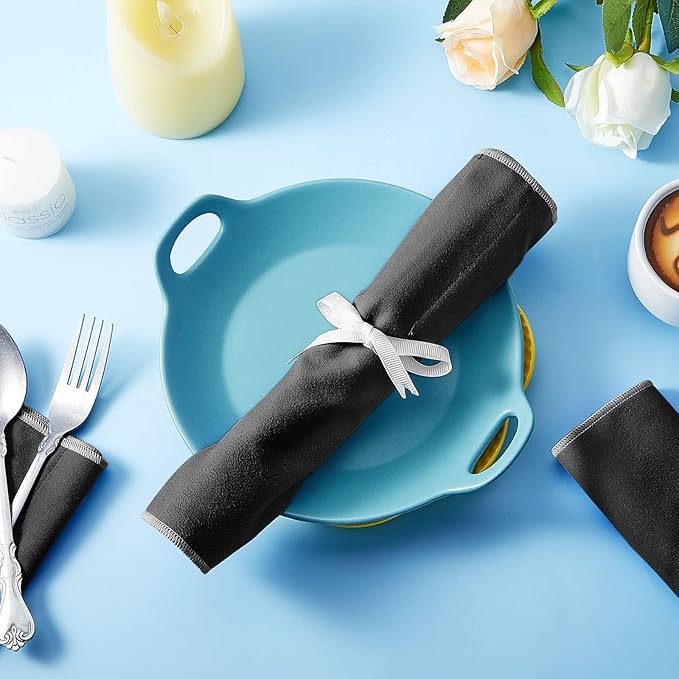 Hillban 18 Pcs Anti Tarnish Silver Storage Bags Silver Storage Cloth Felt Flatware Organizer Anti Tarnish Protector Bags Place Setting Roll with White Ribbon for Kitchen Cutlery (12 Slots,Black)