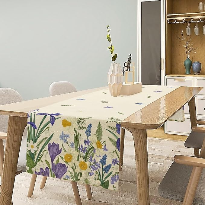 Wildflowers Table Runner,Spring Purple Floral Summer Seasons Daisy Flower Print Kitchen Dining Table Decoration for Home Farmhouse Party 13x120in