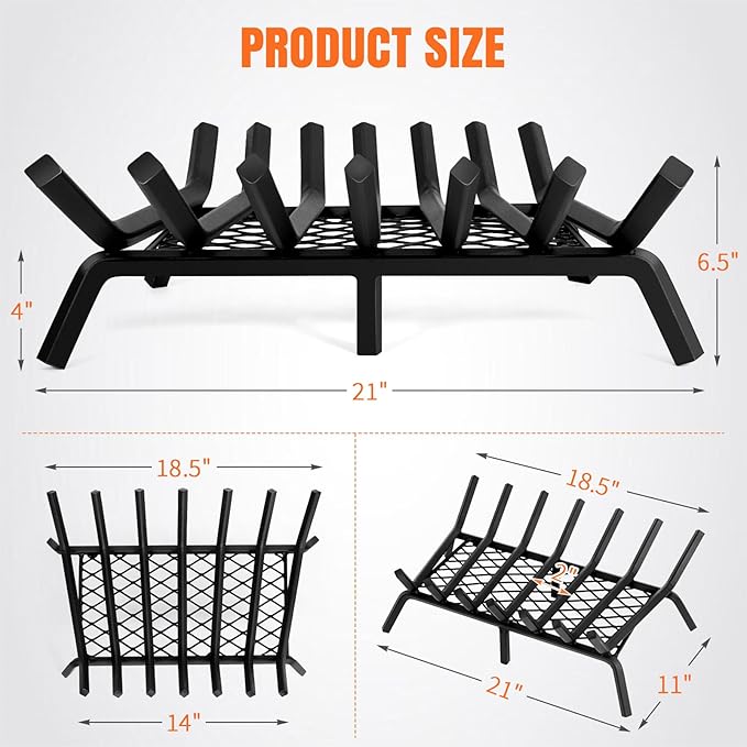Fireplace Grates with Ember Retainer- 21 Inch Fireplace Log Grate Heavy Duty Solid Steel 7-Bars, Fire Grate, Inside Wrought Cast Iron Wood Stove Pit for Indoor Outdoor Chimney Hearth