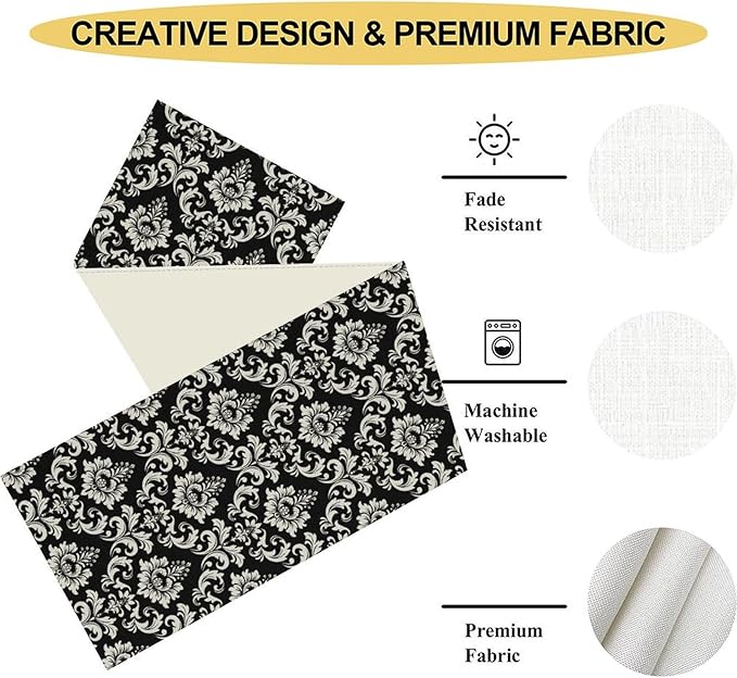 Black Damask Table Runner, Rustic Gothic Baroque Style Floral Boho Flower Antique Coffee Vintage Retro Table Center Decor for Kitchen and Dining Outdoor Home Country Party Table Decorations, 13"x90"