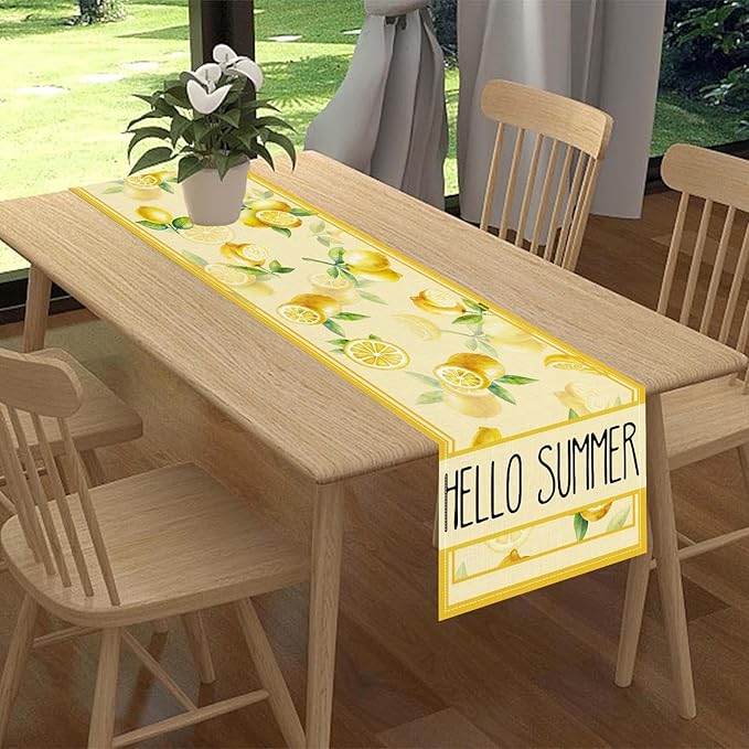 Summer Lemon Table Runner, Farmhouse Seasonal Spring Yellow Fresh Fruits Country Coffee Cafe Table Center Decor for Home Kitchen Dining Party Patio Indoor Outdoor Table Decorations, 13"x72" Inch