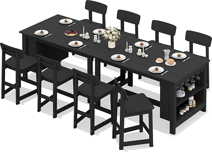 SERWALL 10-Piece HDPE Counter Height Dining Table Sets with Storage and Wine Rack, 2 Rectangular Bar Table with Bar Stools Set of 8 for Garden, Backyard, Kitchen, Black