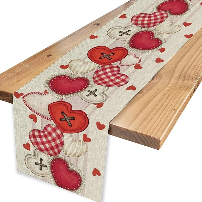 Valentines Day Table Runner,Rustic Red Heart Buttons Runner for Table Seasonal Romantic Decor for Indoor Outdoor Dining Table Decorations, 13"x108"