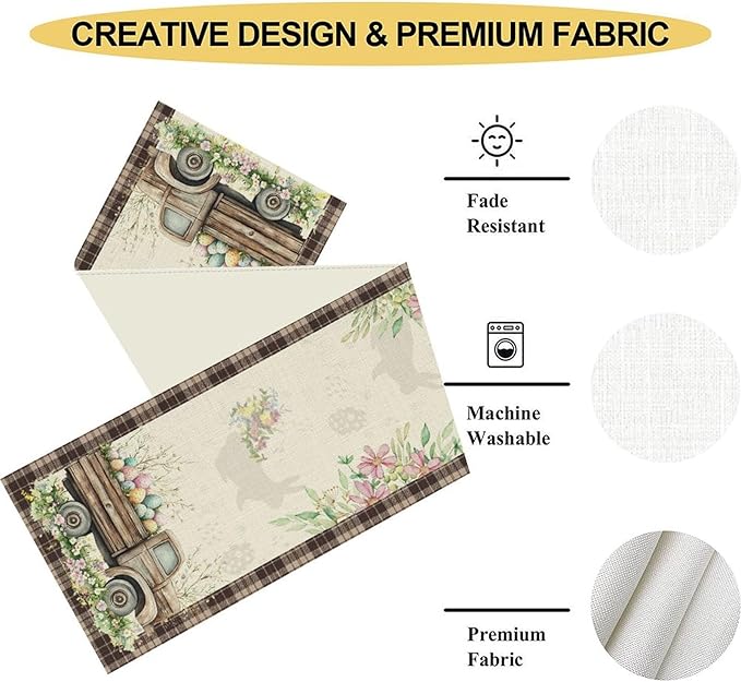 Easter Truck Table Runner,Rustic Brown Plaid Eggs Floral Bunny Spring Summer Holiday Table Center Decor for Family Kitchen and Living Room Outdoor Farmhouse Party Table Decorations, 13"x90"
