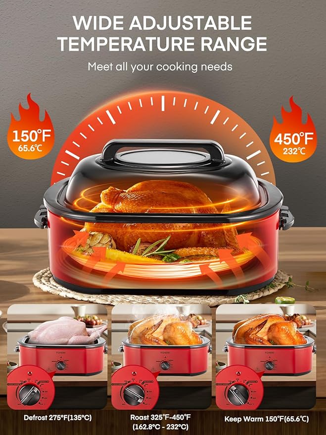 FOHERE 26QT Electric Roaster Oven with Visible & Self-Basting Lid, Large Turkey Roaster with Defrost & Warm Function, Adjustable Temperature Control, Removable Stainless Steel Pan & Rack, Red