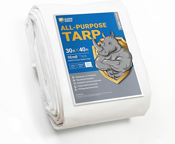 GUARD SHIELD Heavy Duty Tarp 30x40 Feet White Multi Purpose Thick Waterproof Poly Tarp Cover 10mil