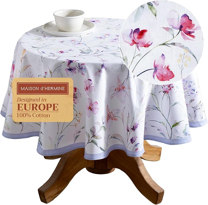 Maison d' Hermine Table Cloth Round Table 100% Cotton 63 Inches Tablecloth Reusable Decorative Everyday Use for Dining Room, Farmhouse, Home, Party, Festive & Wedding Spring Summer - Summer Floral