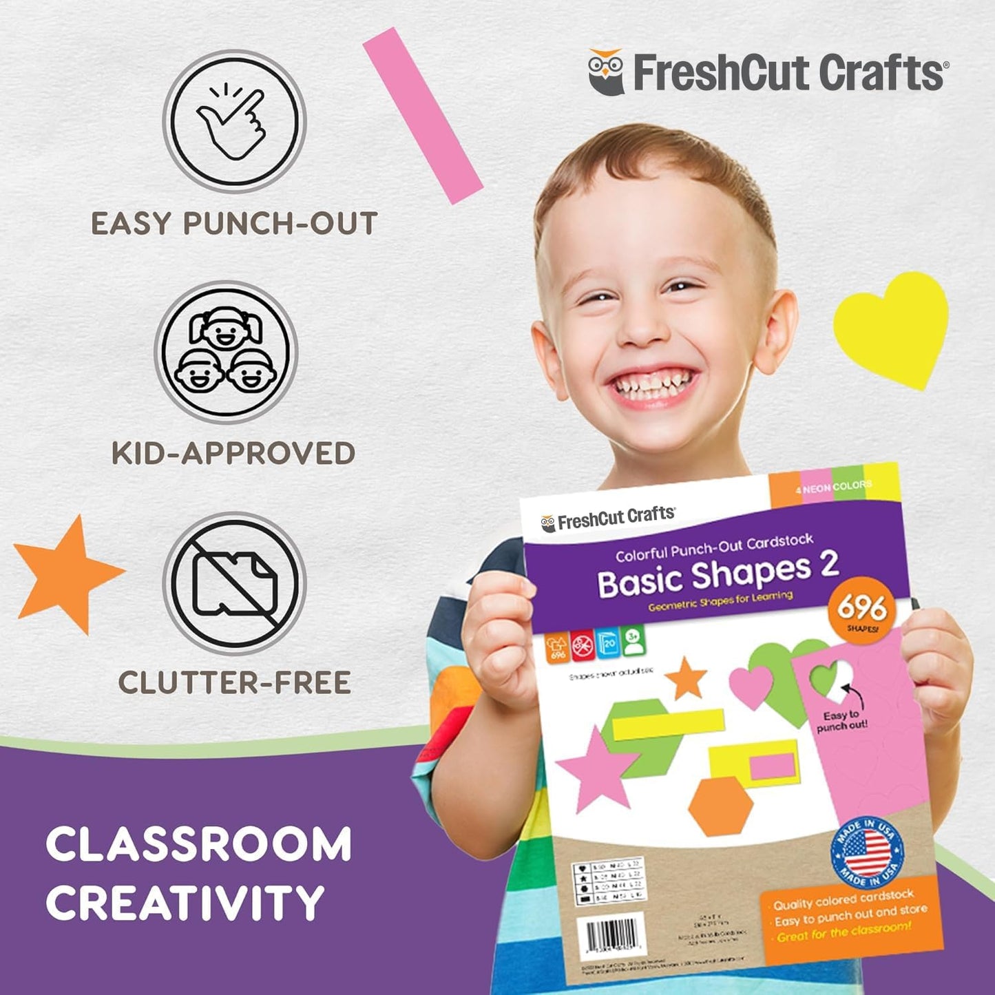 Basic Shapes 2: Hearts, Stars, Hexagons, Rectangles, 696 Pieces US Made Card Stock Punch Out Geometric Shapes in 3 Sizes and 4 NEON Colors for Math, Pattern Play and DIY Crafting