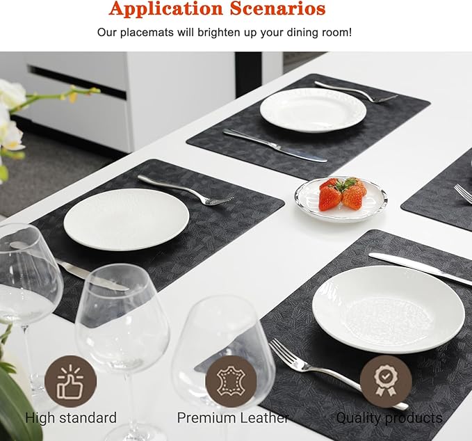 Vinyl Placemats Set of 12 Heat Resistant Easy Clean Non-Slip Place Mats for Dining Table. Faux Leather Waterproof Stain Resistant Wipeable Washable PU Table Mats(12, Black)