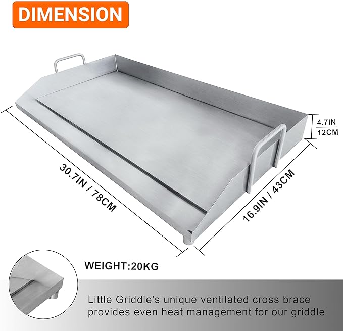 Vivicreate Stainless Steel Outdoor Griddle for Gas & Charcoal Grills, 38 lbs Flat Top Grill Plate with Grease Groove & Handles, Extra-Large BBQ Insert for Garden, Patio & Camping 31”x17”