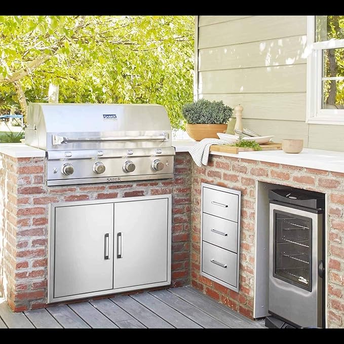 20" W x 27" H x 23" D Stainless Steel Outdoor Kitchen Drawers BBQ Drawers Triple Access Drawers Flush Mount for Outdoor Kitchens Or BBQ Island