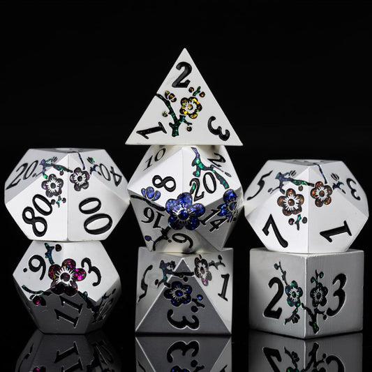 7 PCS Solid Metallic Flower D&D Dice Set,Metal Dungeons and Dragons Dice Set with Gift Box for DND Tabletop Game (Silver-Seven Colour Brocade)