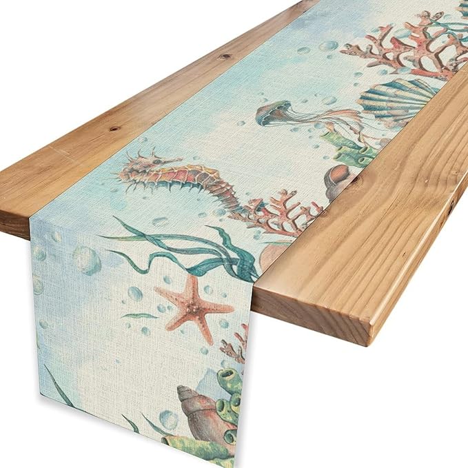 Summer Beach Table Runner, Blue Sea Coastal Nautical Turtle Jellyfish Seashell Ocean Table Runner Seasonal Holiday Home Kitchen Dining Table for Home Party Decor 13"x90"