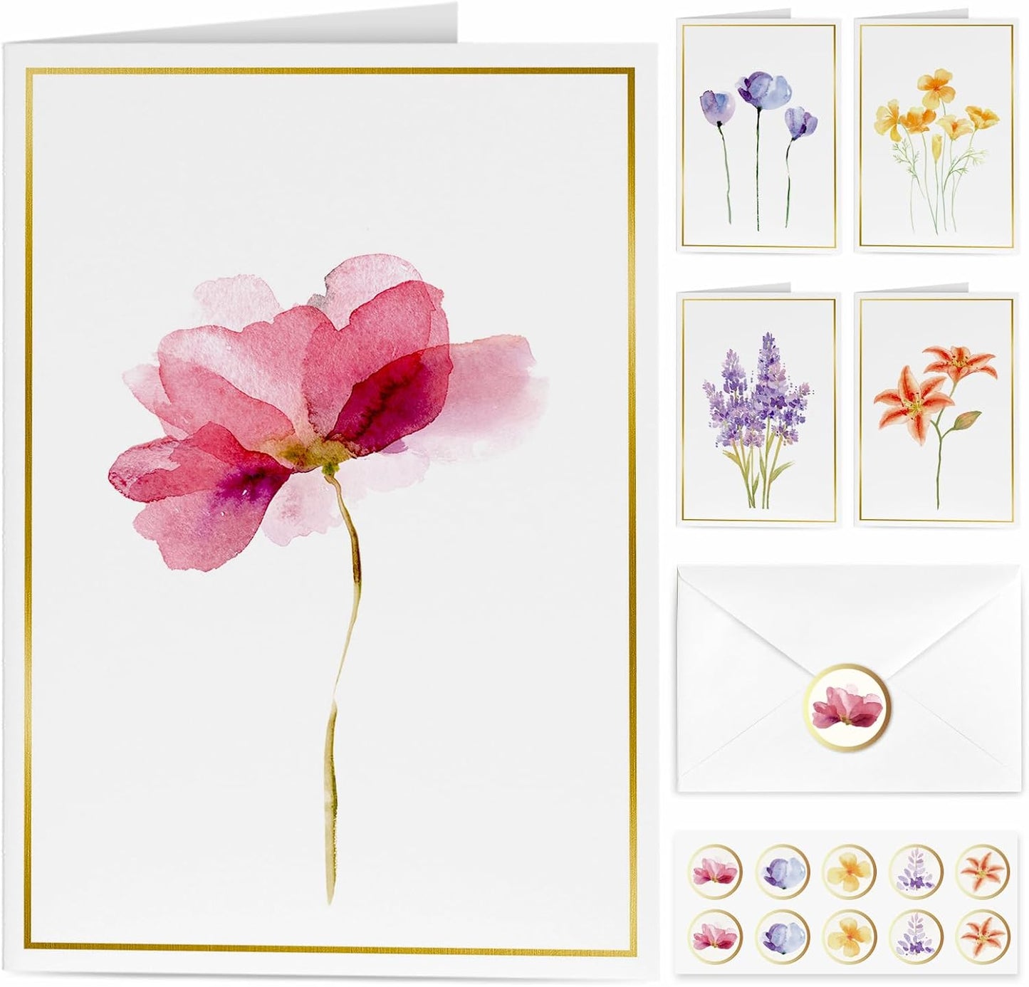 Blank Cards, 30 Pack Blank Greet Cards, Elegant Gold Foil Blank Note with Envelopes, Perfect Stationary Set For All Occasions, 5 Assorted Floral Designs