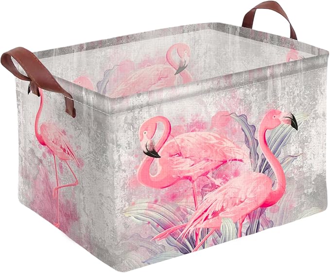 Flamingo Storage Basket Waterproof Canvas Toy Storage Bin Home Flamingo Decor Collapsible Outdoor Basket with Leather Handles Flamingos Gifts Blanket Baskets For Closets,Bedrooms,Bathroom
