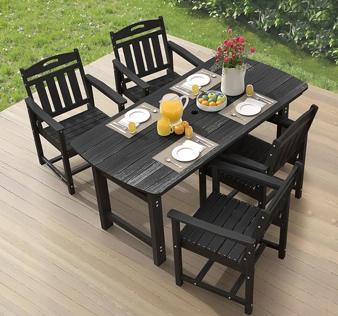 Ciokea HDPE Outdoor Dining Set, 5-Piece Patio Table and Chairs Set with Umbrella Hole, All-Weather Patio Dining Sets for 4, Durable Patio Furniture for Backyard, Garden, Lawn & Poolside, Black