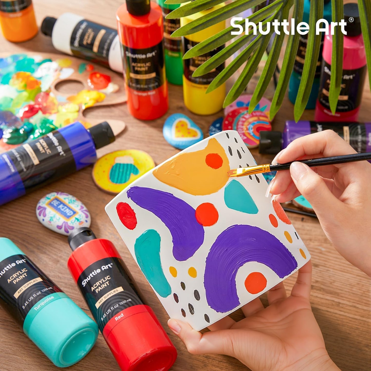 Shuttle Art 12 Colors Acrylic Paint, 250ml/8.45oz Bottles Acrylic Paint Set, Rich Pigments, Bulk Painting Supplies for Artists, Beginners and Kids Painting on Rocks Crafts Canvas Wood