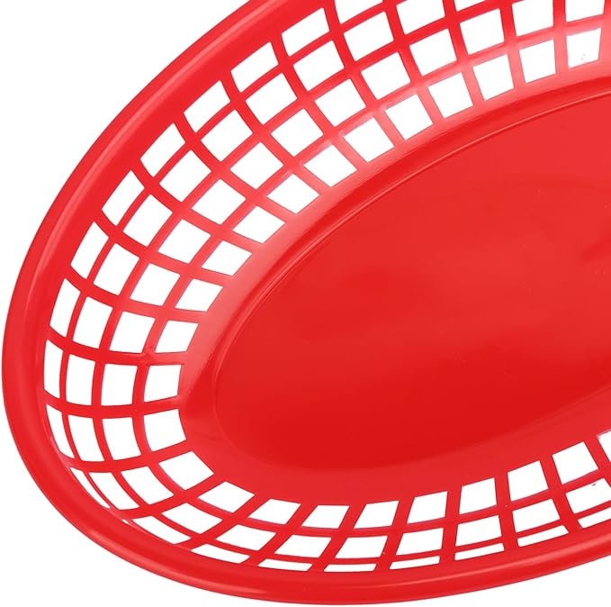 90 Pcs 9 x 5.7 Inch Reusable Oval Fast Food Baskets, Sturdy Plastic Serving Baskets for Fast Food, Parties, Picnics, BBQs and Snacks, by KUKLIPJIM.(Red)