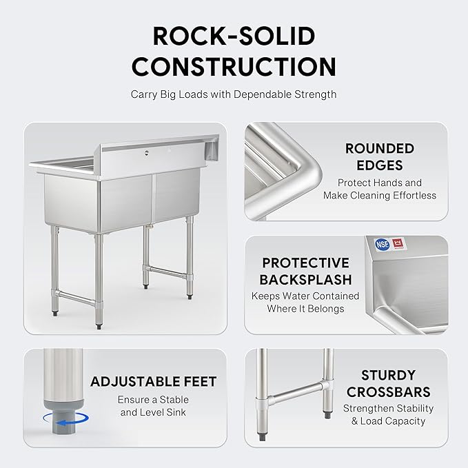 WILPREP 2-Compartment Sink, 18x18x12 in. Kitchen Sink with Strainers X-Shaped Guides Backsplash, Freestanding Double Bowl Utility Sink, Work Station Sink for Garage Kitchen Laundry Room with 2 Basins