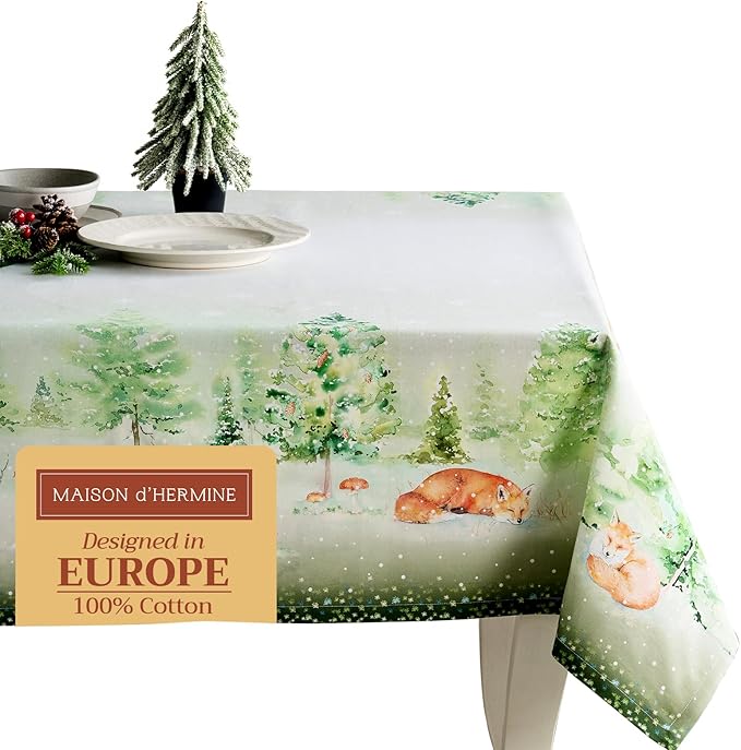 Maison d' Hermine Table Cloth Square Table 100% Cotton 60 x 60 Inches Fall Tablecloth Reusable Everyday Use for Thanksgiving Christmas Decorations Dining Farmhouse Party (Winter Mornings)