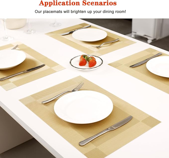 Placemats Set of 8,Washable,Heat and Stain Resistant Indoor/Outdoor Place mats,Vinyl Woven Non Slip Table Mats for Restaurant Table Protection,PVC Placemats(Gold,8PCS)