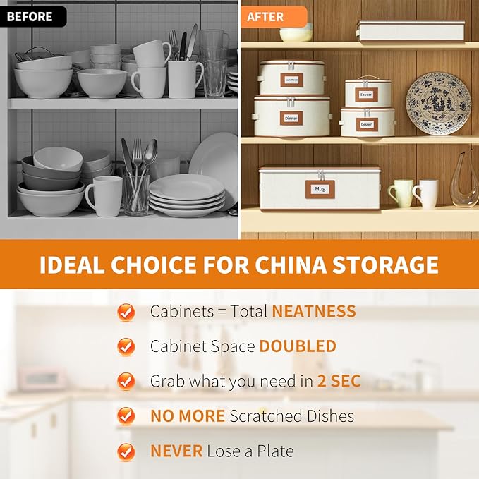 Aokeyee China Storage Containers- 6 Piece Set Hard Shell Moving Box for Dishes, Plate, Mugs, Cup, Silverware, Flatware, Saucers, Dinnerware, Sturdy Quilted Organizer with Soft Dividers, Handles, Ivory