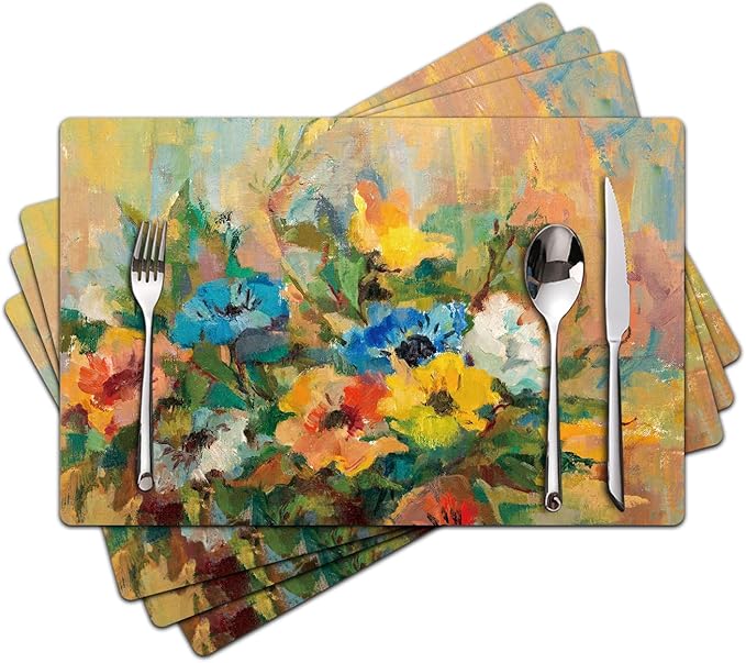 Spring Floral Placemats Set of 4 - Faux Leather Heat Resistant Placemats for Dinner Table, Non-Slip Waterproof Oil-Proof Washable Reusable Placemat for Indoor Outdoor Kitchen, 15.75In*11.81In