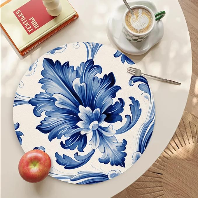 Faux Leather Placemats Set of 4,Watercolor Blue and White Porcelain Patterns Round Ding Table Placemat Heat-Resistant Waterproof Non-Slip Place Mats for Uitable for Indoor & Outdoor,13inch
