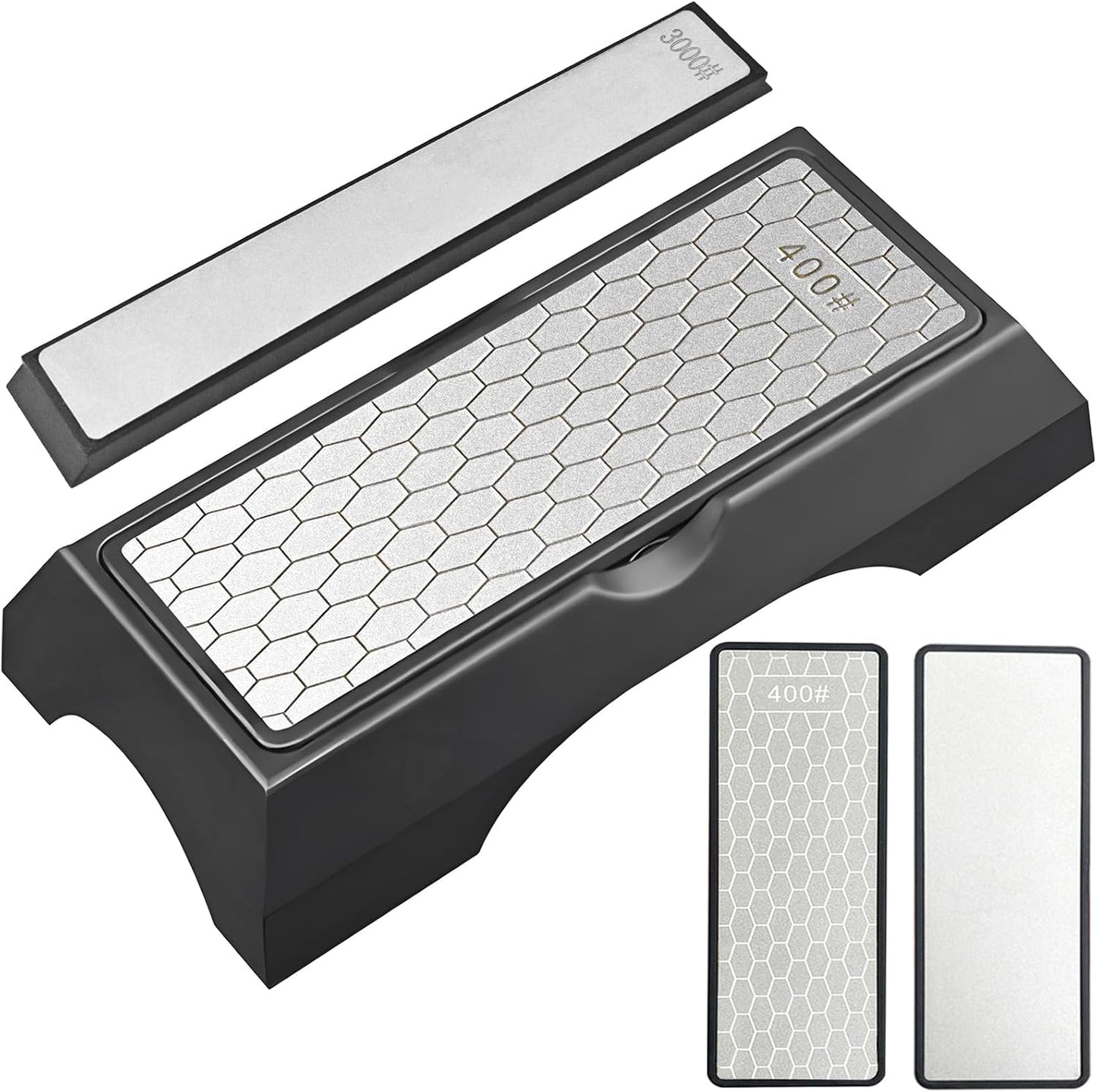 Diamond Sharpening Stone Set, Knife Sharpener Stone, Double-sided Coarse 400 / Fine 1000# | Extra Fine 3000 Grit, 2 Sizes Whetstone Tool with Non-Slip Base, Diamond Plate Honing Stone, Hone Sharpener