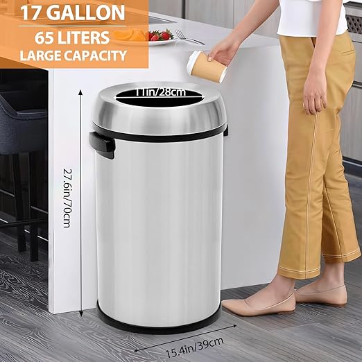 GarveeHome 17 gal/65 L Open Top Trash Can, Stainless Steel Rubbish Bin, Commercial Grade Waste Container, Round Garbage Can for Outdoor, Home Office, Restaurant, Silver