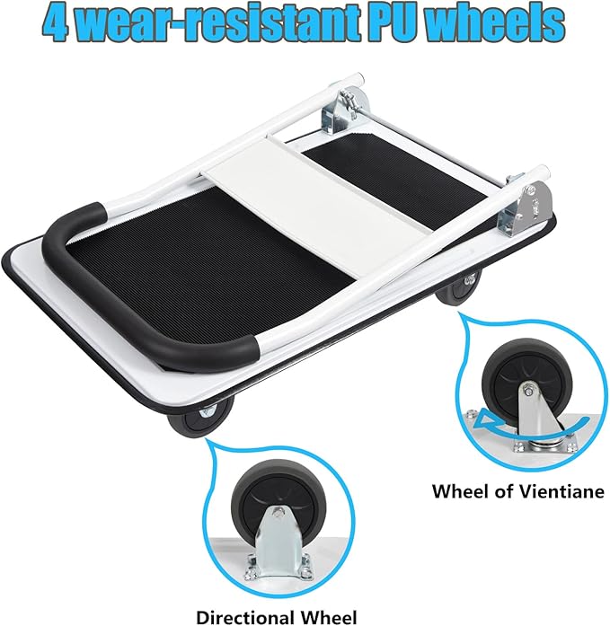LEADALLWAY Foldable Push Cart Platform Cart 330lbs Capacity 4 Wheels 28.7x18.5x32.3inches White with 2 Ropes Small Flatbed Cart
