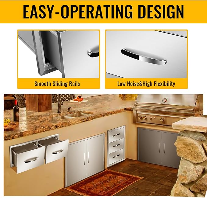 Outdoor Kitchen Drawers, Box Frame Style Flush Mount BBQ Drawer w/Stainless Steel Handle, BBQ Island Drawers For Patio Grill Station,Double Drawers