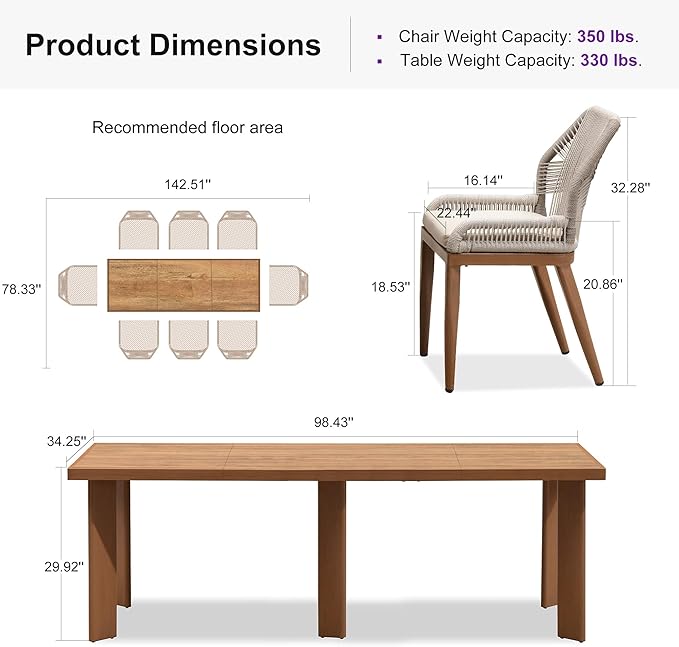 PURPLE LEAF 9 Pieces Dining Set Patio Metal Rectangular Table and Wicker Rattan Chairs for Outside Porch Garden Kitchen Modern Outdoor Furniture Sets